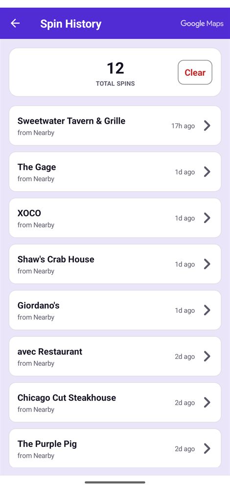Spin history listing previous restaurant picks with dates