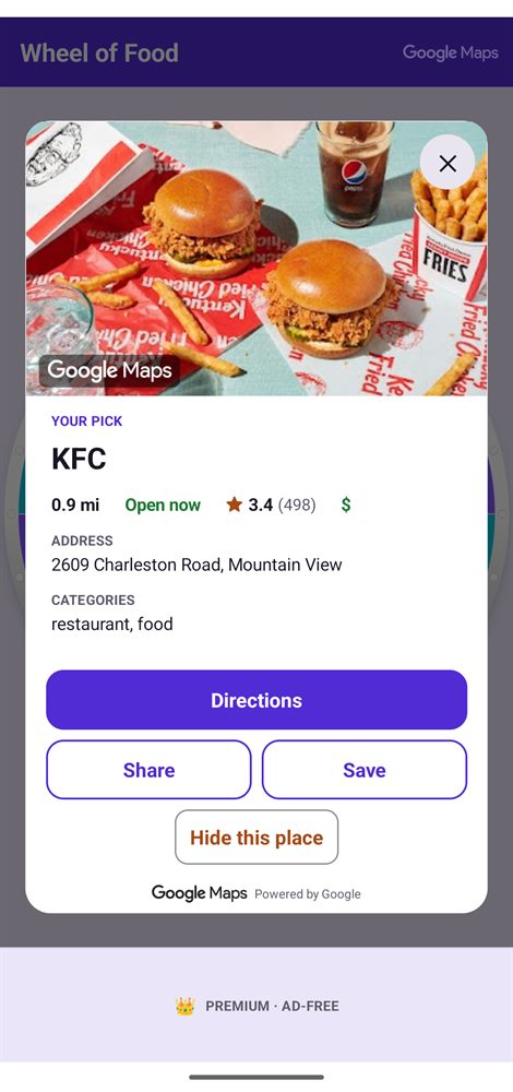 The result card showing the chosen restaurant with photo, rating, address and a directions button