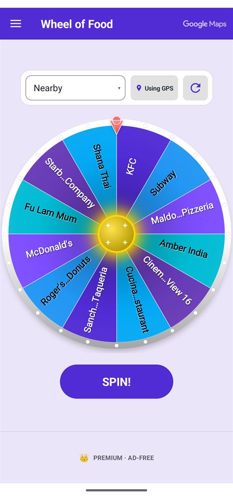 The Wheel of Food app showing a wheel of nearby restaurants ready to spin
